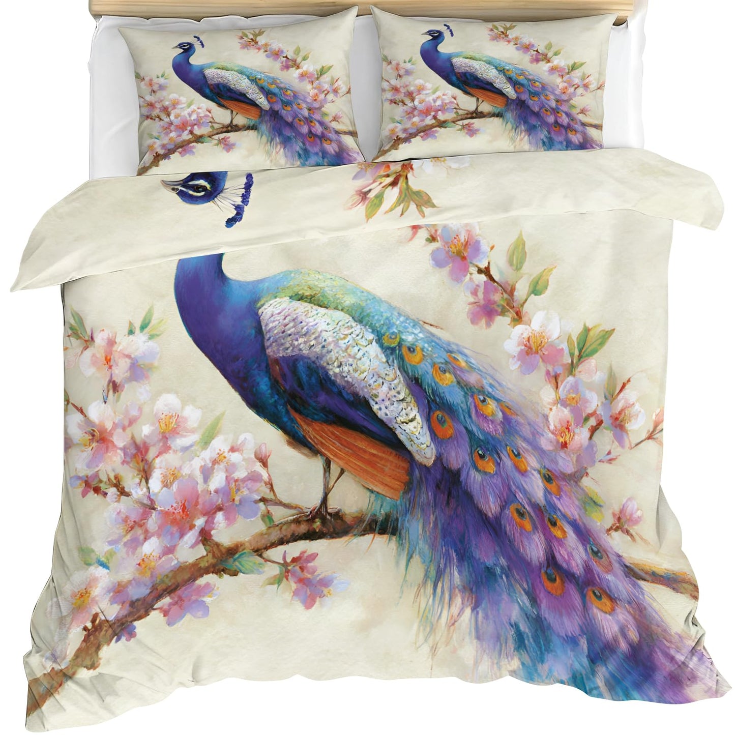 Peacock Duvet Cover Twin Size, Purple Peacock Feather Comforter Cover 68" x 90" & 2 Pillowcases, Fantasy Birds Bedding Set with Zipper Ties