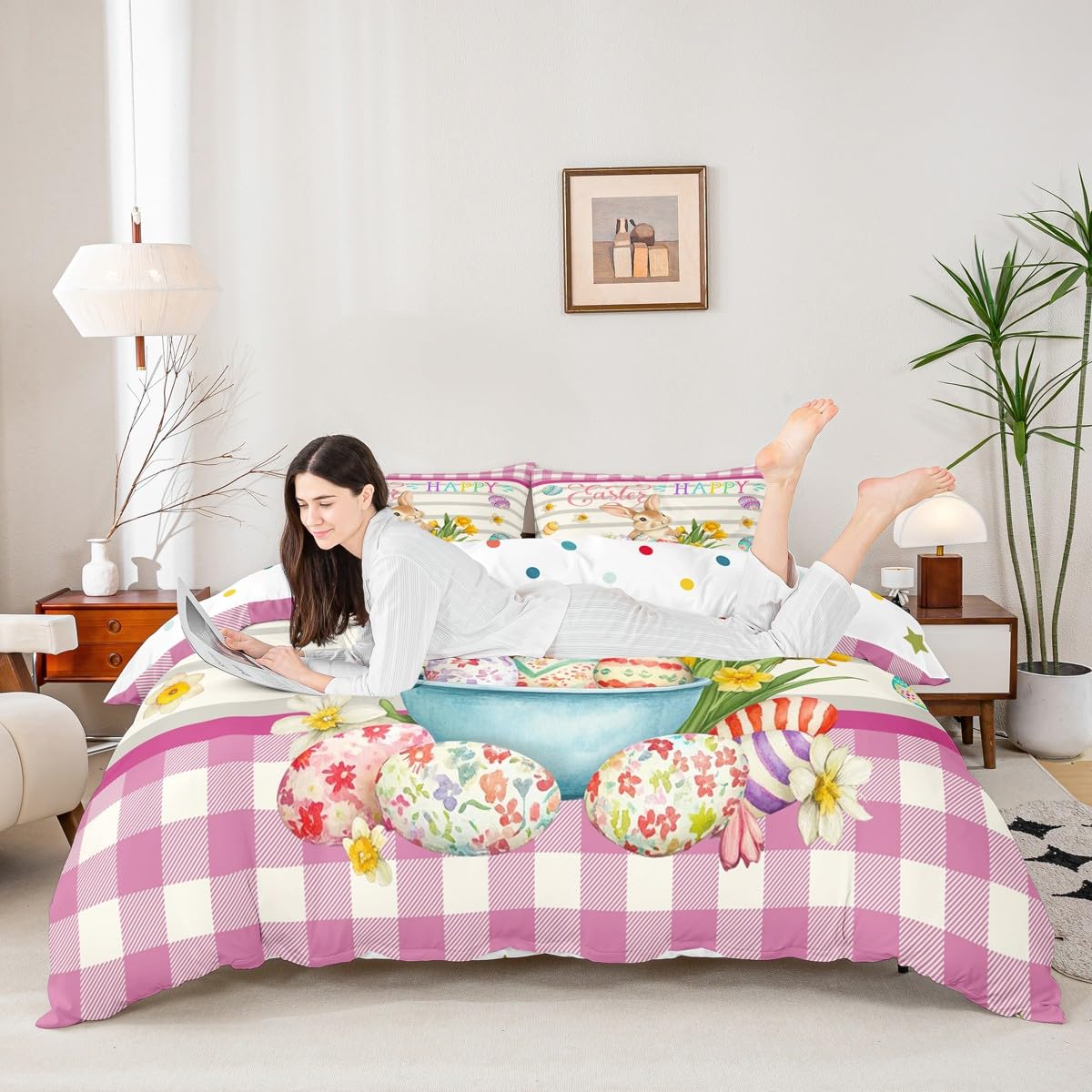 Erosebridal Easter Decorations,Rabbit Comforter Cover Happy Easter Themed Easter Egg Duvet Cover,Pink Yellow Tulip Flowers Checkered Grid Bedding Set Queen,Easter Gifts for Kids Kawaii Room Decor