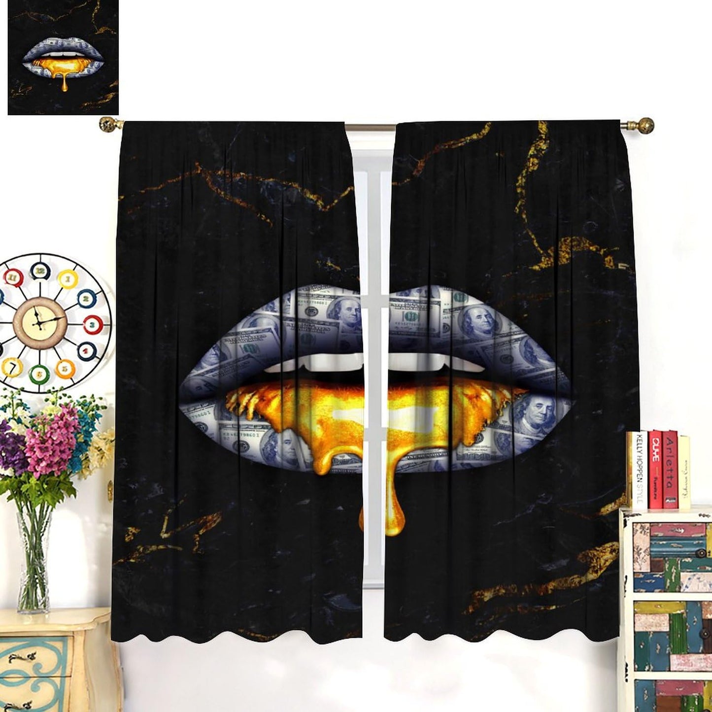 SENQIAN Abstract Money Lips Curtains Modern Marble Dollar Art Printed Rod Pocket Blackout Window Drapes for Living Room Bedroom Kitchen Cafe Decor W21xL45inx2 Decor