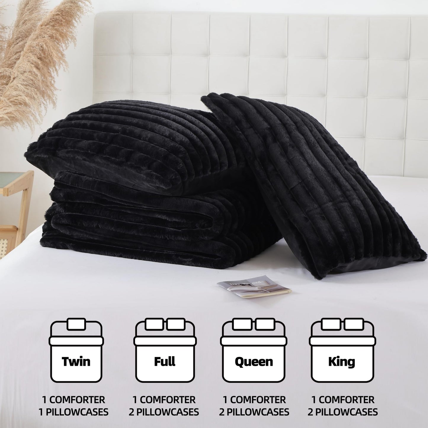 Smoofy Fluffy King Size Comforter Set 3 Pieces - Black Fleece Fluffy Comforter Set, Luxury Fuzzy King Bedding Set, Soft King Bed Set All Season, Heavy Faux Fur Comforter with 2 Pillow Cases