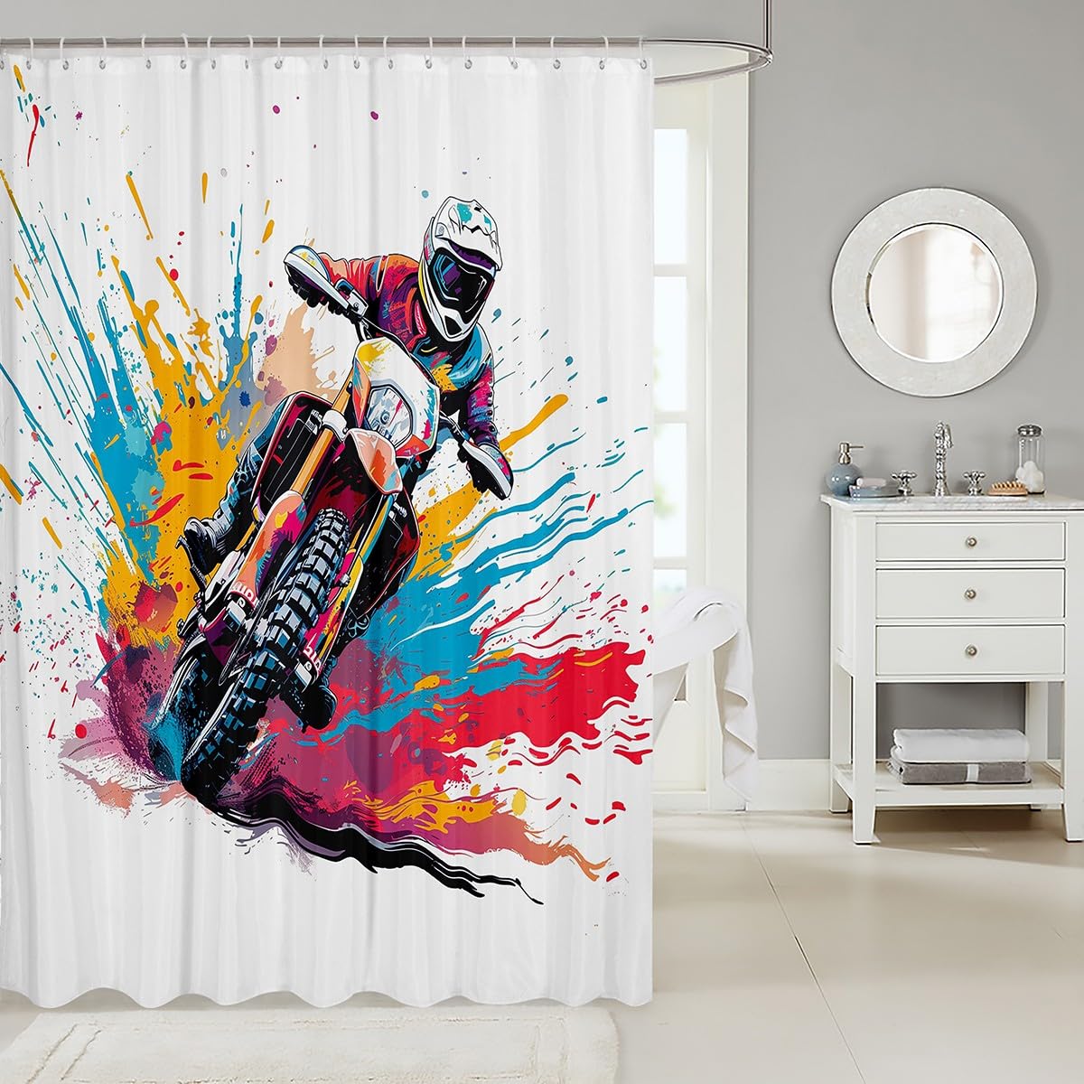 Feelyou Dirt Bike Shower Curtain 72"x72" Motorbike Bath Curtain Waterproof Racing Motocross Rider Bathroom Shower Curtain Set for Kids Boys Girls Motorcycle Kids Bathroom Accessories Racing Themed