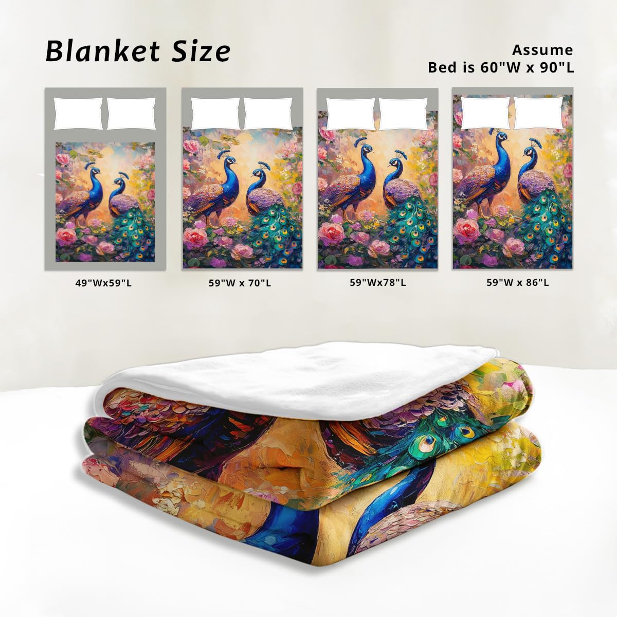 HUNXIAOJ Peacock Blanket Throw Queen Size Elegant Animal Decor Bird Print Flannel Throw Couch Bed Living Room Home Decor Gifts for Lovers Women Girls Adults 59"x70"