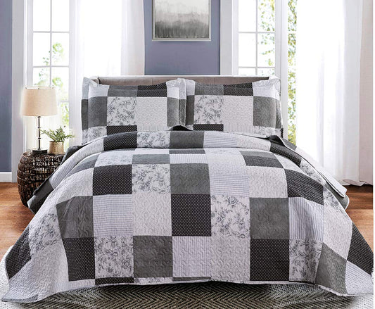 Morden Lightweight Queen Bedspread - Floral & Plaid Reversible Quilt Set - Grey & Black White Paisley & Floral Pattern