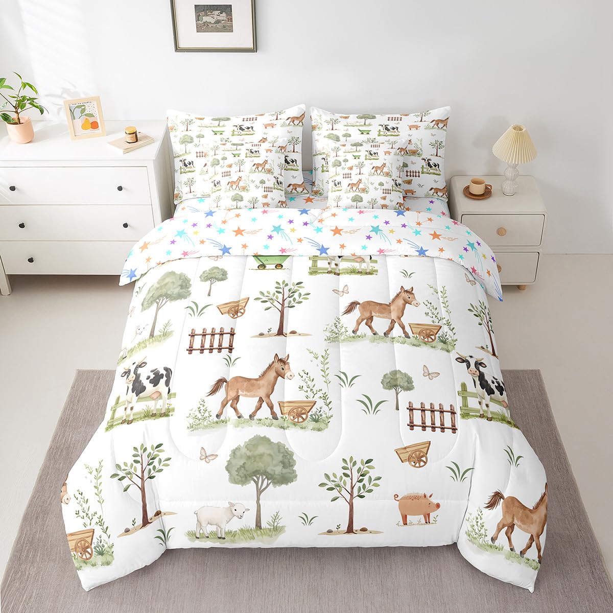 Erosebridal 7 Pcs Cute Farm Animals Kids Comforter Set Cartoon Horse Sheep Cow Pig Twin Bedding Set for Child Rustic Farmhouse Cabin Comforter Woodland Animal Trees Top Sheet for Boys Girls Bedroom