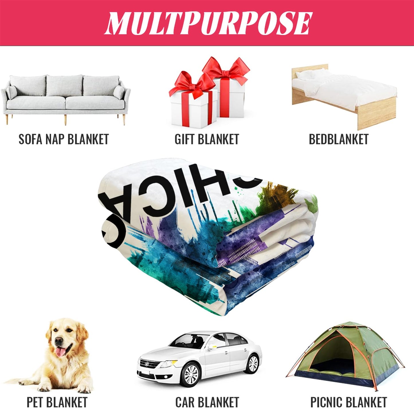HommomH Watercolor Chicago Skyline Blanket, Soft Cozy Lightweight Fleece Throw Blankets for Couch Sofa Bed, 60 x 80 Inches