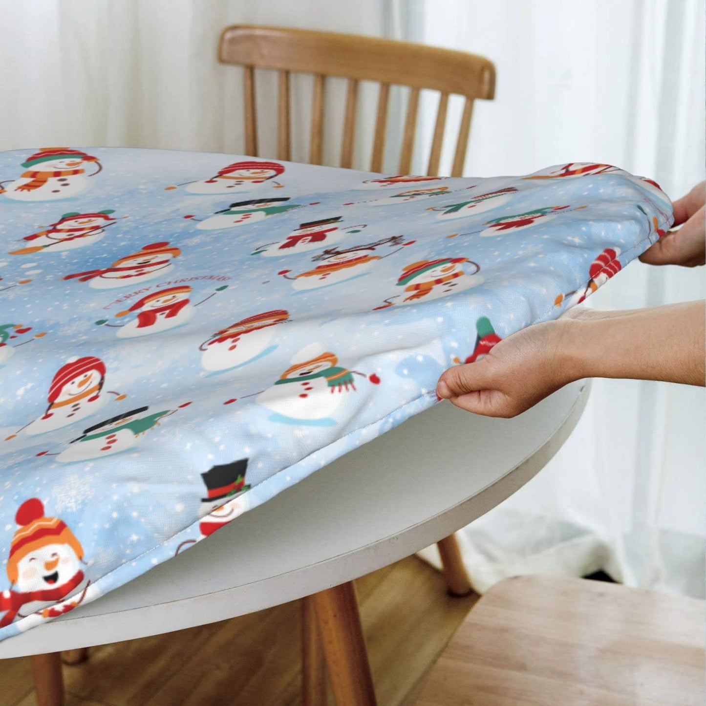 KUOAICY Christmas Snowman Winter Snow Blue Round Fitted Tablecloth with Elastic Edged Decorative Kitchen Dining Table Cloth Cover Fits 45-50" Round Table