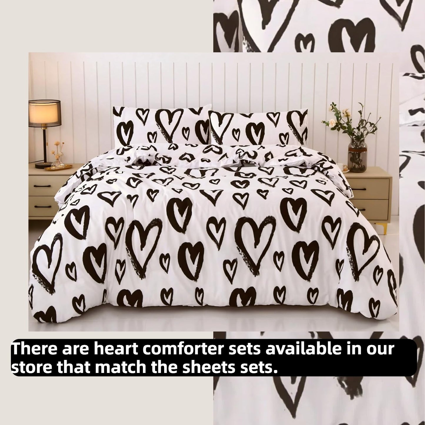 SDIII 4 Pieces Love Heart Sheets Set Twin, Soft Microfiber Black and White Heart Sheets Twin, Romantic Hearts Bedding Sheet Shrink and Fade Resistant