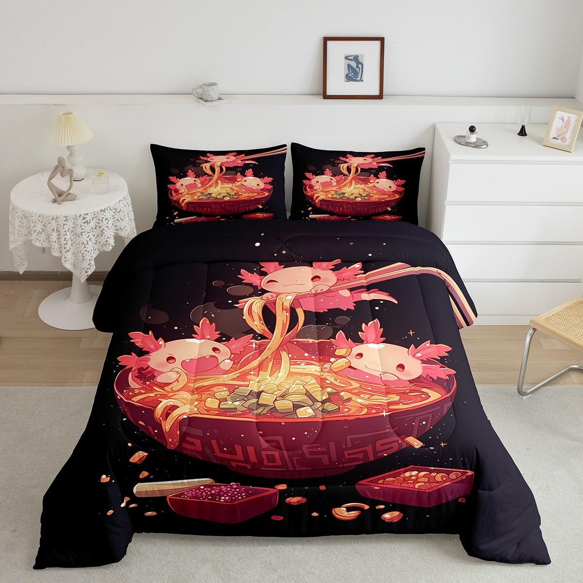 Erosebridal Axolotl and Ramen Bedding Set Queen,Ramen Noodle Comforter Set for Kids Boys Girls,Japanese Food Quilt Bed Set Funny Axolotl Print Bedding Comforter Sets with 2 Pillowcases Room Decor