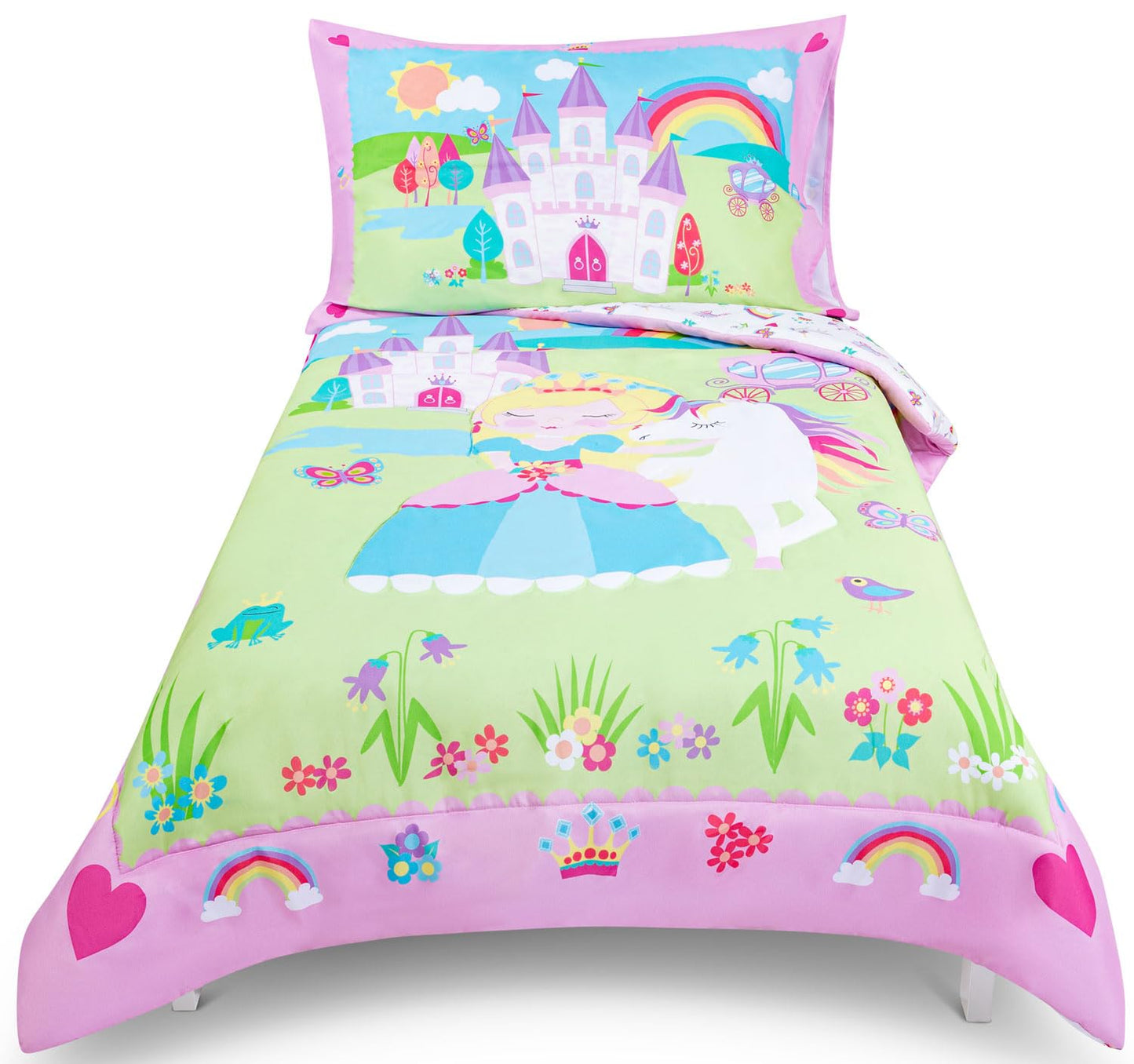 Todays Kids Princess Toddler Bedding Set for Girls - 4-Piece Toddler Bed Comforter Sets for Girls, Reversible Comforter & Pillowcase, Flat Sheet, Fitted Sheet, Breathable & Super Soft Microfiber