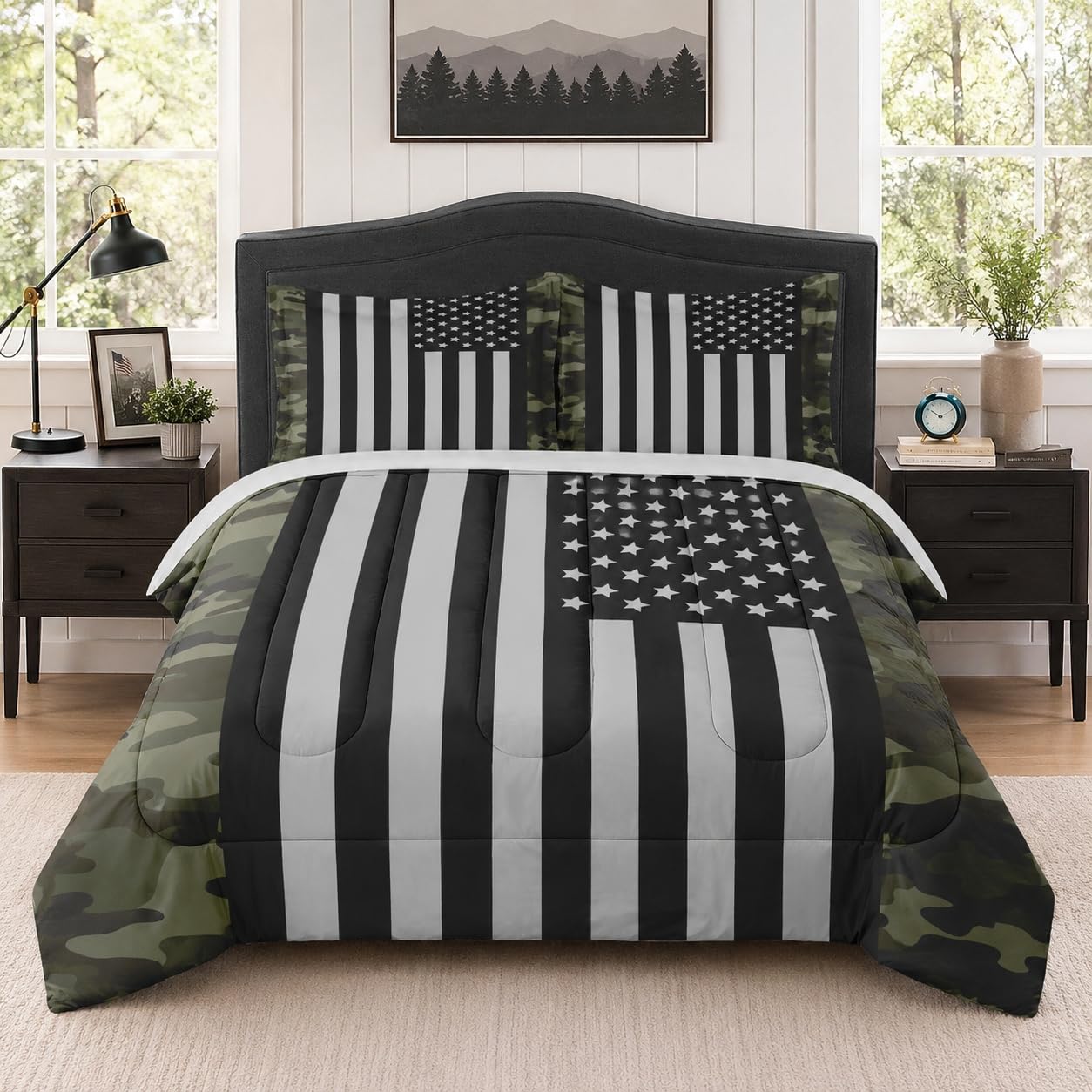 WeCozy Queen Size Comforter Set with 2 Pillowcases, Black Military Camouflage American Flag Soft 3 Pcs Bedding for Kids and Adults Bedroom Bed Decor