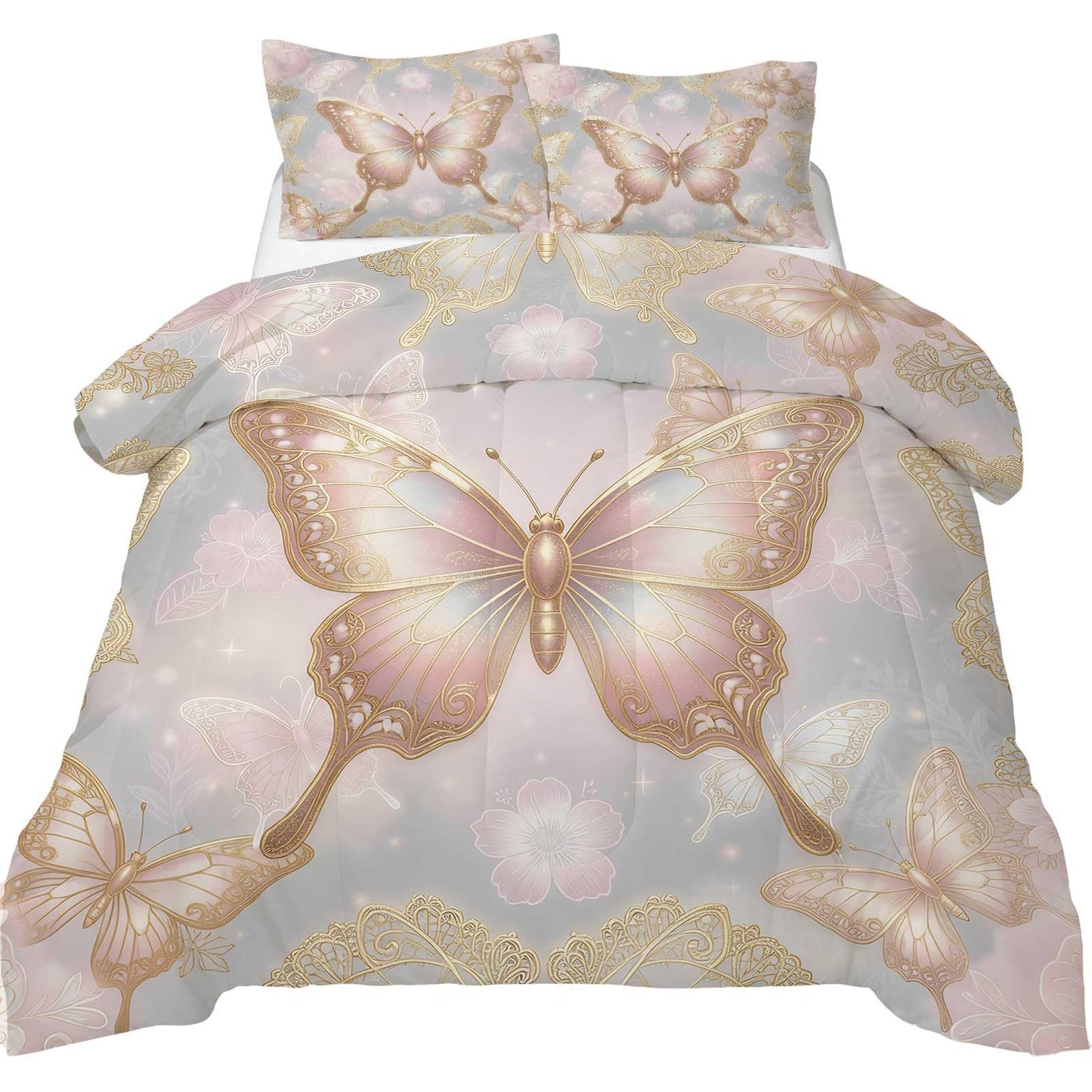 DJNEAR Pink Gold Butterfly Comforter Set, Elegant Shimmer Butterfly Bedding Set for Girls Teens Women, Soft Microfiber All Season with 1 Comforter 1 Pillowcase, Twin Size