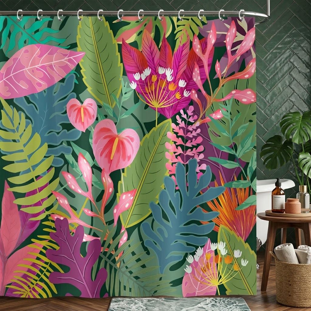 Boho Tropical Floral Shower Curtain, Green and Pink Colorful Botanical Leaf Nature Asthetic Shower Curtains Set, Modern Art Dark Polyester Fabric Shower Curtains for Bathroom with Hooks 72X72IN