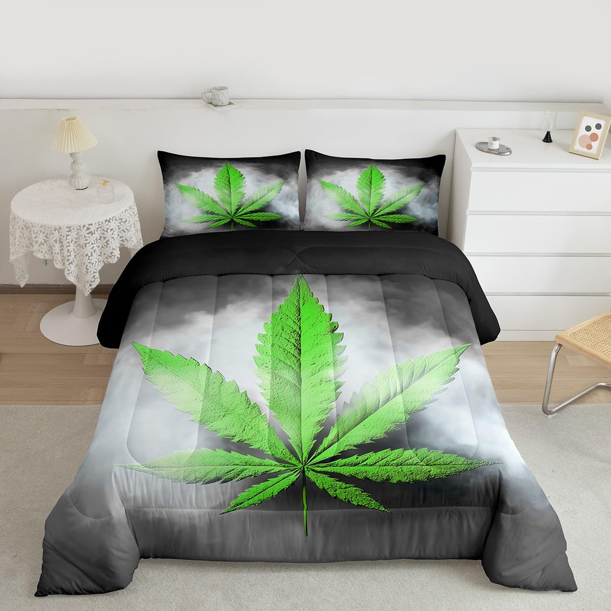 Erosebridal Leaves Comforter King Size, Leaf Bedding Set, Herb Botanical Grunge Duvet Set for Kid Teens Boys Teens, Grey Green
