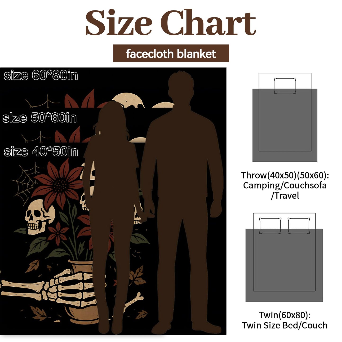 Tadccn Gothic Skull Blanket Soft Cozy Flannel Throw Blankets, Skeleton Hand with Flower and Bone Art Throws for Couch Bed Sofa Living Room Halloween Decor, Gifts for Women Adults Goth Lovers 60"×50"