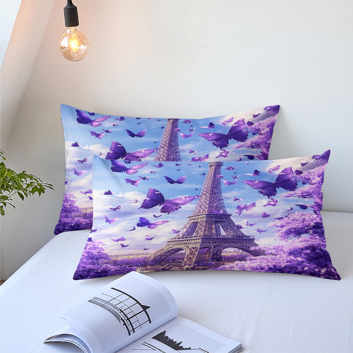 CCoutueChen Kids Twin Paris Bedding Set, Purple Butterfly Floral Comforter Set for Girls, Romantic Warm Microfiber Comforter with 1 Pillowcase, 68"x86"