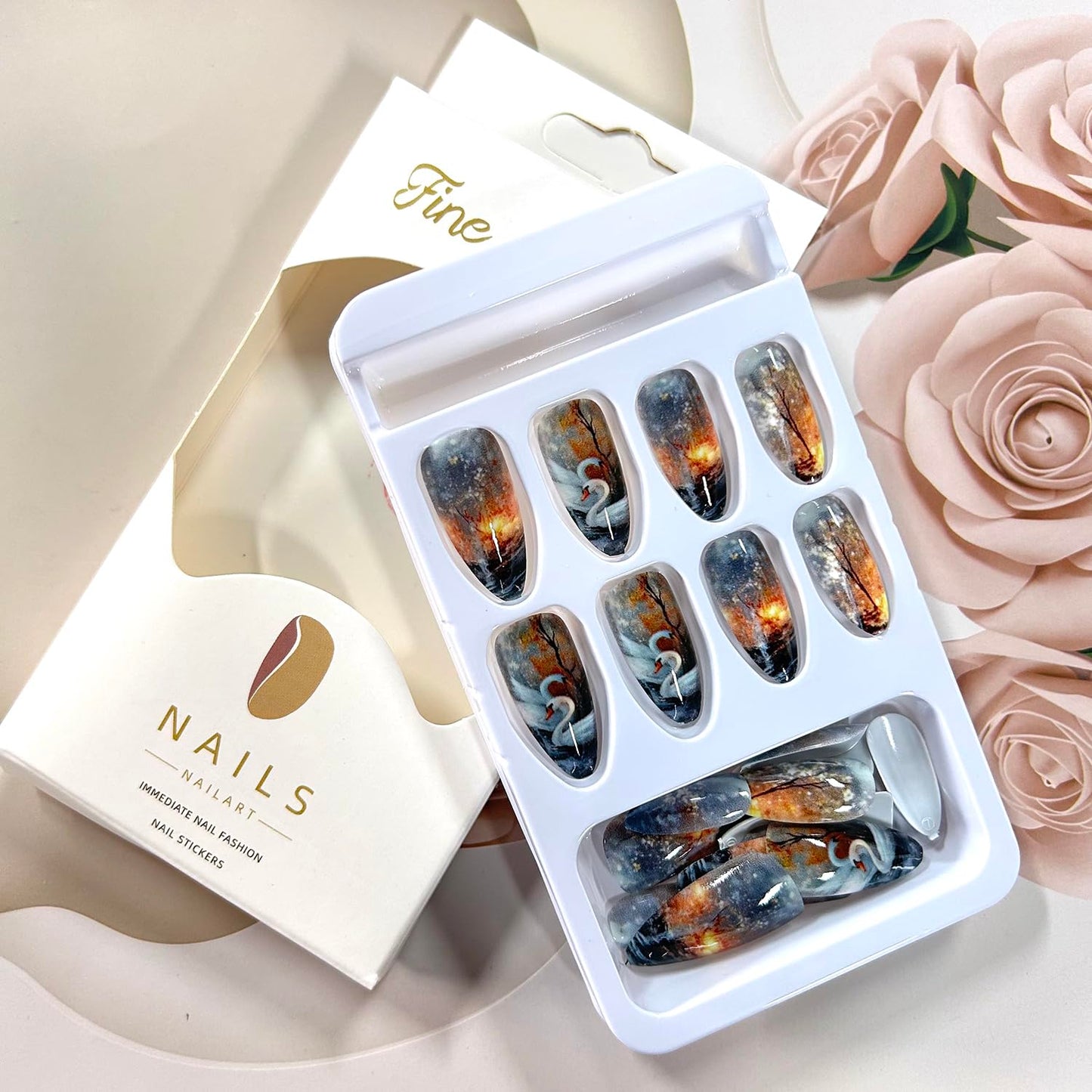 Swan Lake Press on Nails Almond Medium Length Jungle Flame Smudge Acrylic False Nail French Tip Press Ons Stick on Nail Full Cover Glossy Artificial Fingernails Reusable Gel Glue on Nails for Women