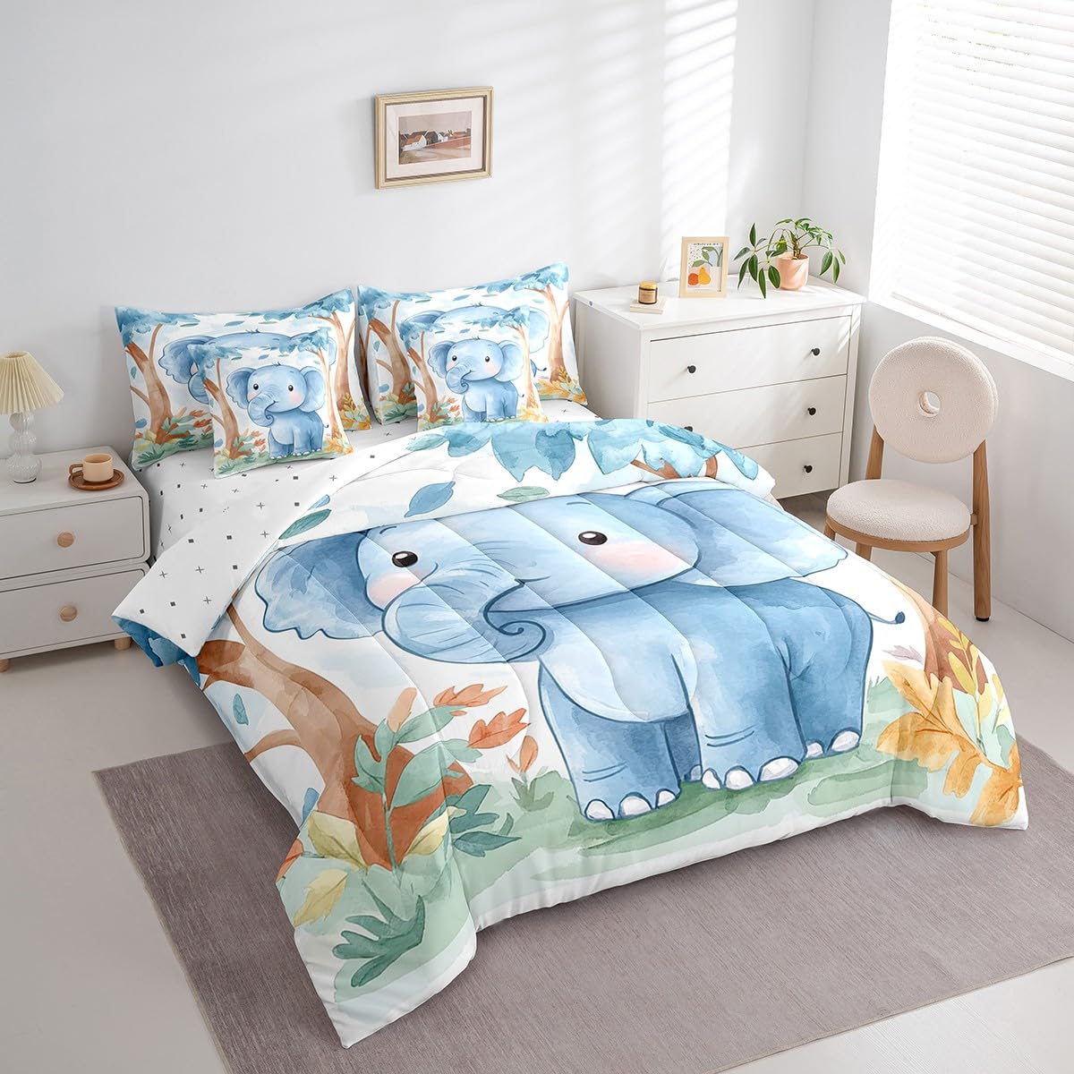 Erosebridal Kawaii Elephant Twin Size Comforter Set with Sheets Kids | Cartoon Safari Wild Print 7-Piece Bedding Set Watercolor Green Eucalyptus Bed in a Bag African Jungle Animal Bed Quilt Sets