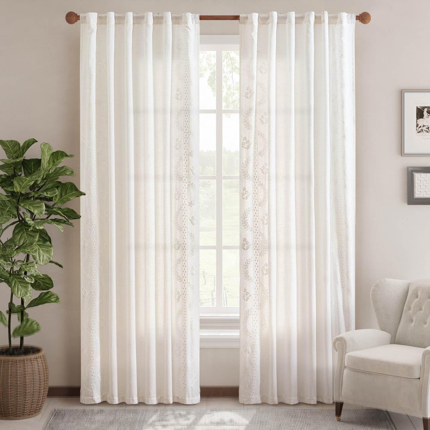 jinchan Belrose Linen Curtains for Bedroom Floral Curtains 84 Inch Length Linen Blend White Embroidered Drapes Farmhouse Flower Patterned Drapes for Living Room Window Treatments Set 2 Panels