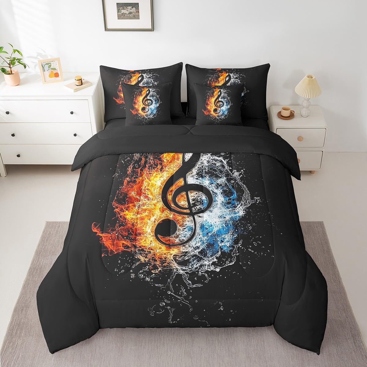 Feelyou Music Comforter Set with Sheets Queen Size Popstar Party Bed in a Bag for Boys Girls Teens Dark Black 7 Pieces Bedding Set Soft Lightweight Microfiber