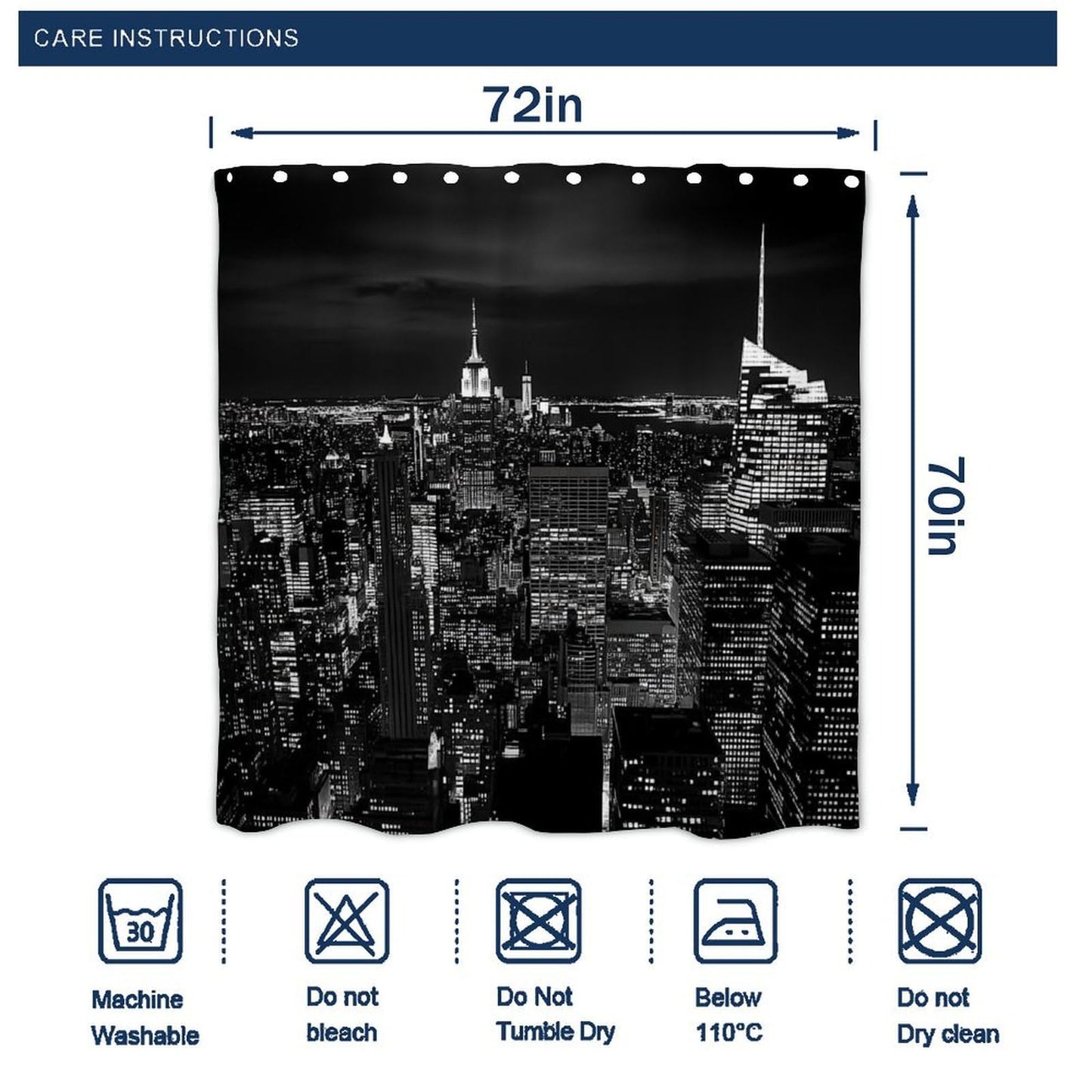 100% BLUE COLLAR Fashion Waterproof Lightweight Shower Curtain, New York City Skyline Black Hotel Bathroom Decorative Shower Curtain with Hooks, 72"x 70"