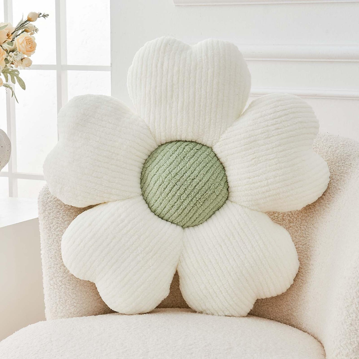 Kcvvcr Flower Throw Pillow, Cute Flower Shaped Pillow Decorative Throw Pillow for Bed Couch, Soft Daisy Pillows Floor Seating Cushion Cushions (14.9 Inch White+Green)