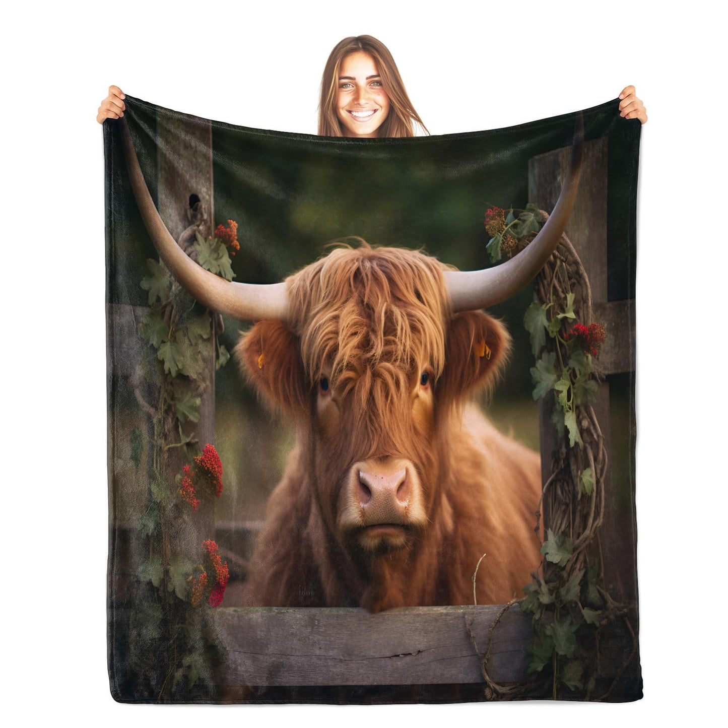 PAOABIU Highland Cattle Blankets, Farmhouse Cow Throw Blanket for Couch Bed Sofa, Brown Cow Blankets and Throws - Super Soft Cozy Plush Flannel Blanket Gifts & Decor, 66x90