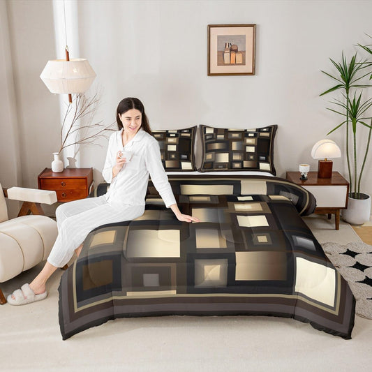 Castle Fairy Modern Comforter Set Queen Size,Brown White Khaki Square Bedding Set for Kids Boys Girls Bedroom Decoration,Abstract Grid Art Bed Duvet Insert,Geometric Comforter with 2 Pillowcase