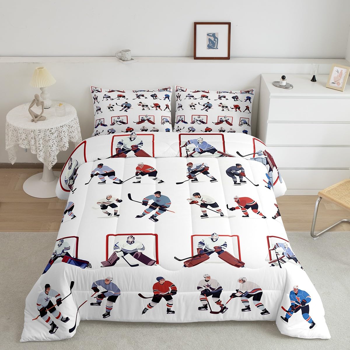 Feelyou Ice Hockey Bedding Set Kids Sports Event Comforter Set Hockey Player Comforter for Boys Room Decor Lightweight Duvet Set Twin with 1 Pillow Case