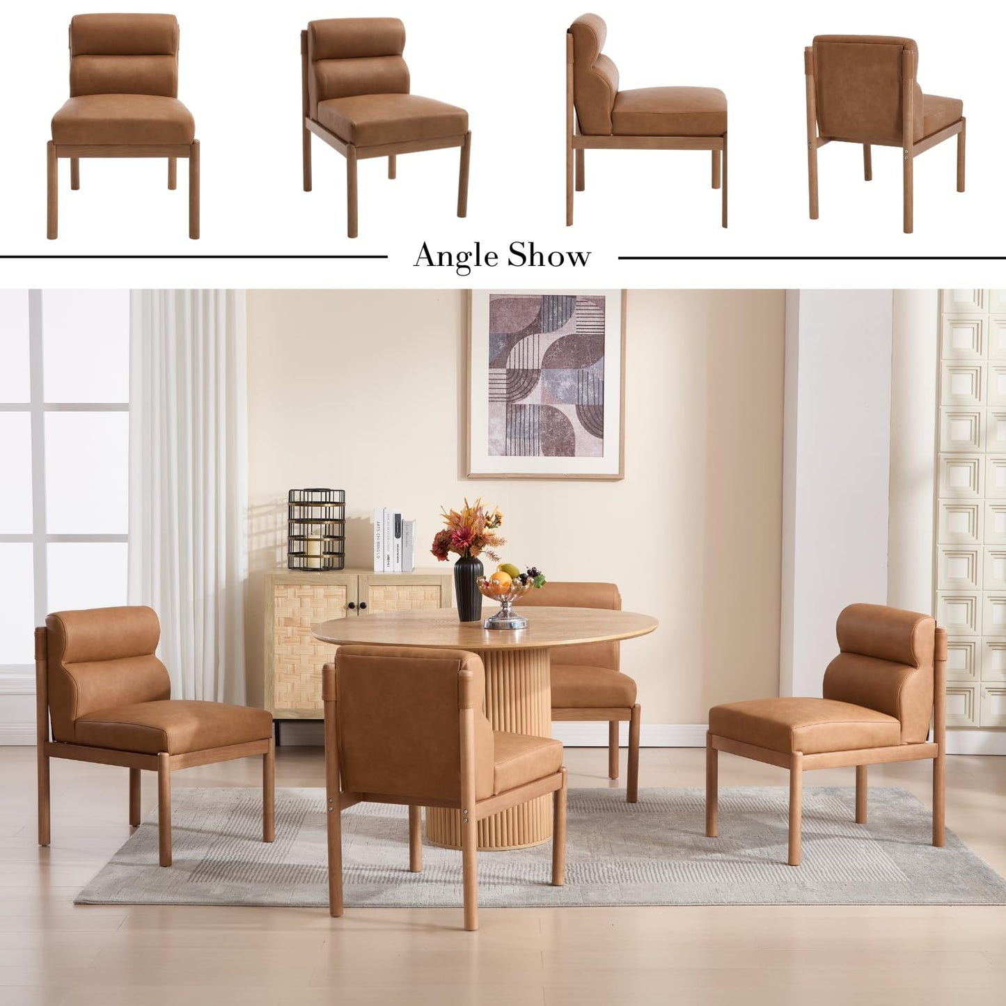CIMOTA Modern Upholstered Dining Chairs Set of 2, Faux Leather Kitchen & Dining Room Chairs Boucle Armless Side Chairs with Curved Backrest/Solid Wood Legs, PU Brown