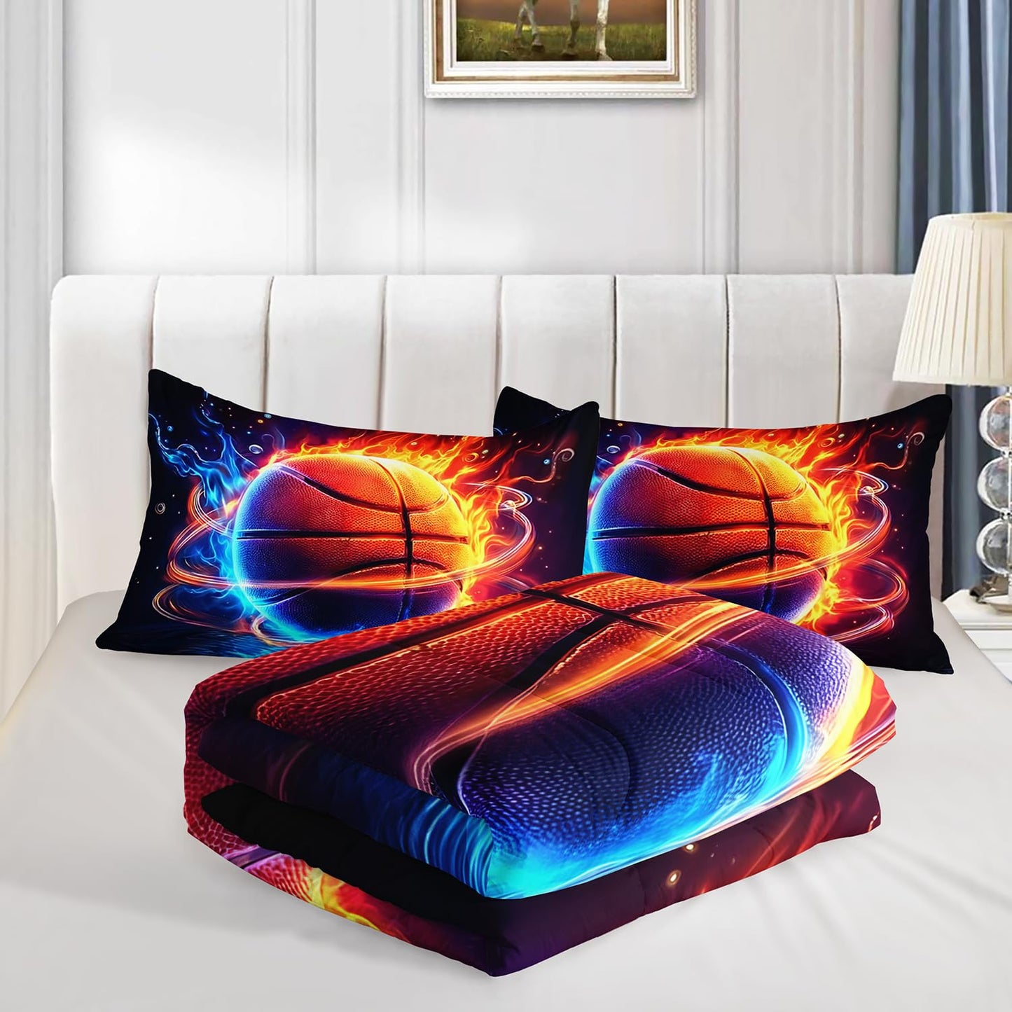 HOSIMA Twin Bedding Sets for Kids,Basketball Wrapped in Red Blue Flames,Cool Extreme Sports Bedding for Teens Boys Room Decor,Soft Lightweight Basketball Comforter with 2 Pillowcases.