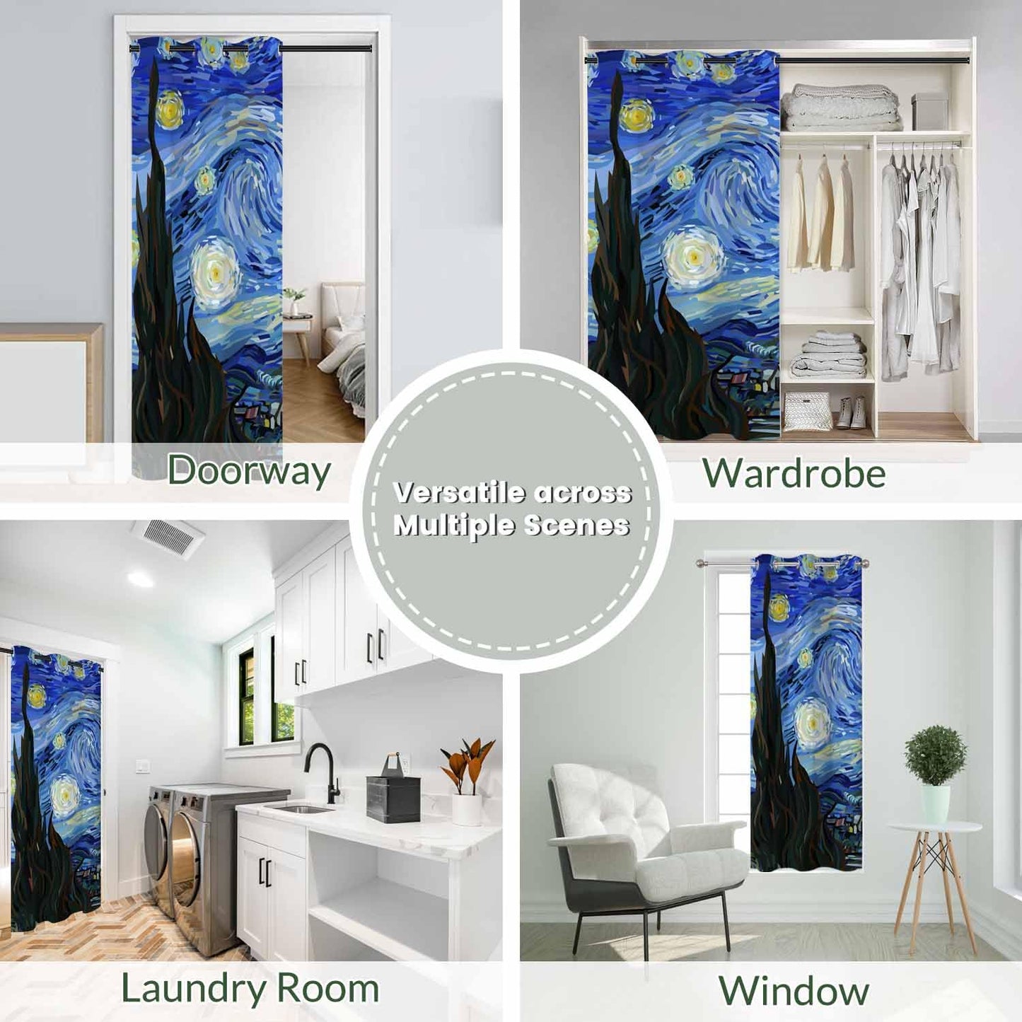Haciadan Starry Night Doorway Curtains Blue Moon Star Van Gogh Painting 1 Panel 34" W X 80" L Door Drape for Kitchen Restaurant Bedroom Living Room