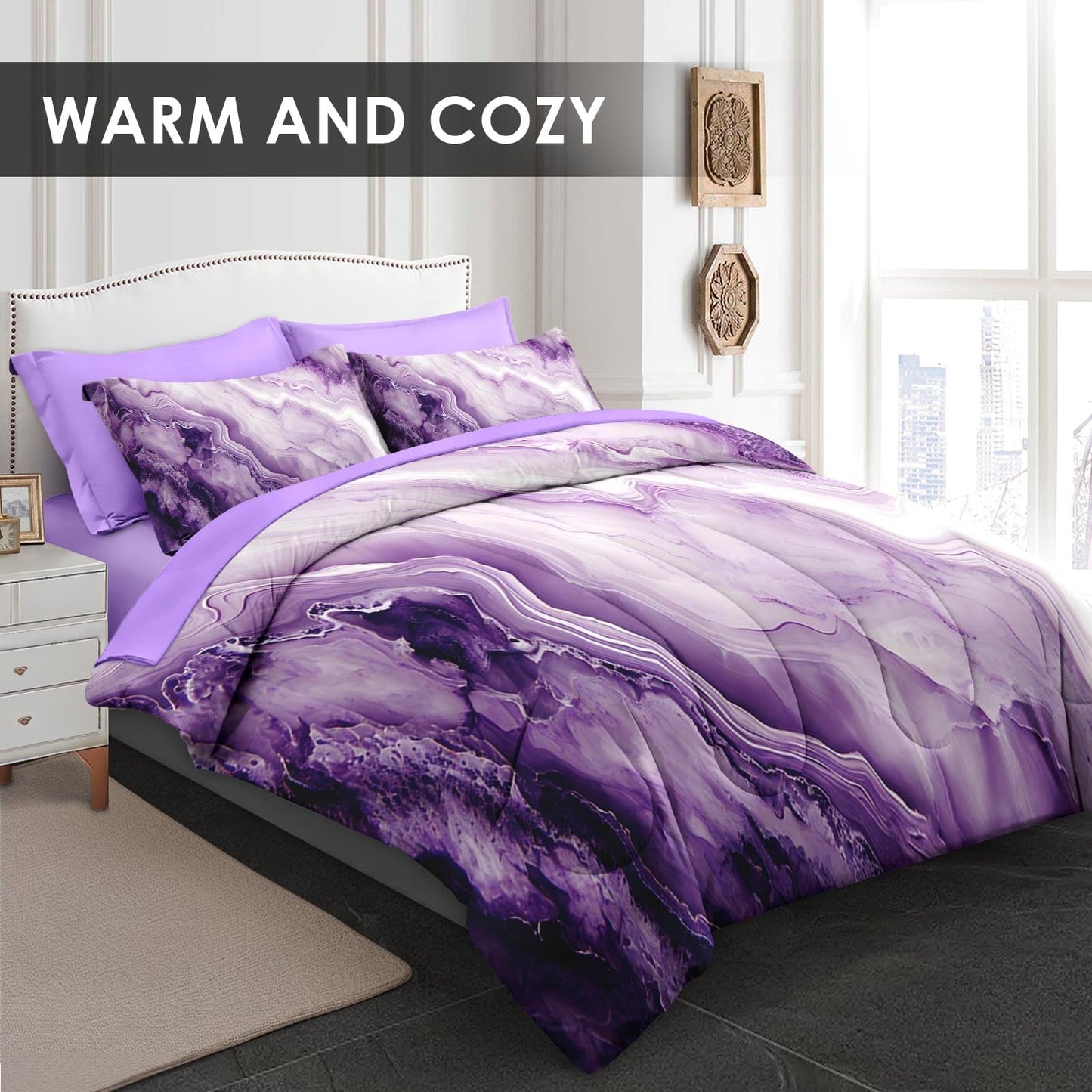 Pamnest Comforter Set Queen Size, Purple Marble Black Gold 7 Pcs Bedding Set for Kids and Adults, Painting Pink Bed Sheet Sets with Fitted Sheet 2 Pillowcase & 2 Sham for Bedroom Bed Decor
