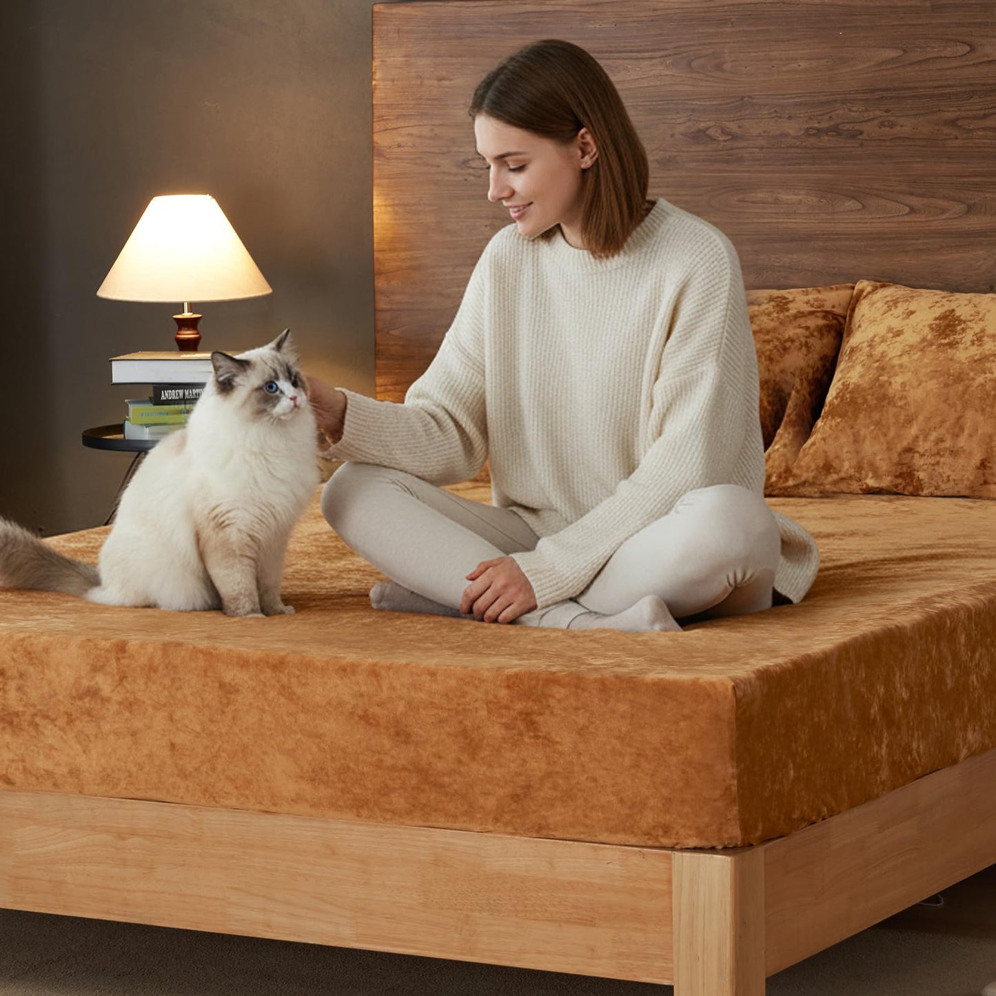 PHF Truly Velvet Fitted Sheet Only Queen Size, Luxury Super Soft Cozy Fuzzy Fleece Bottom Sheet, Deep Pocket Up to 16",Strenghth Elastic Band,Suitable for Fall Winter Spring,No Pillowcases,Brown Sugar