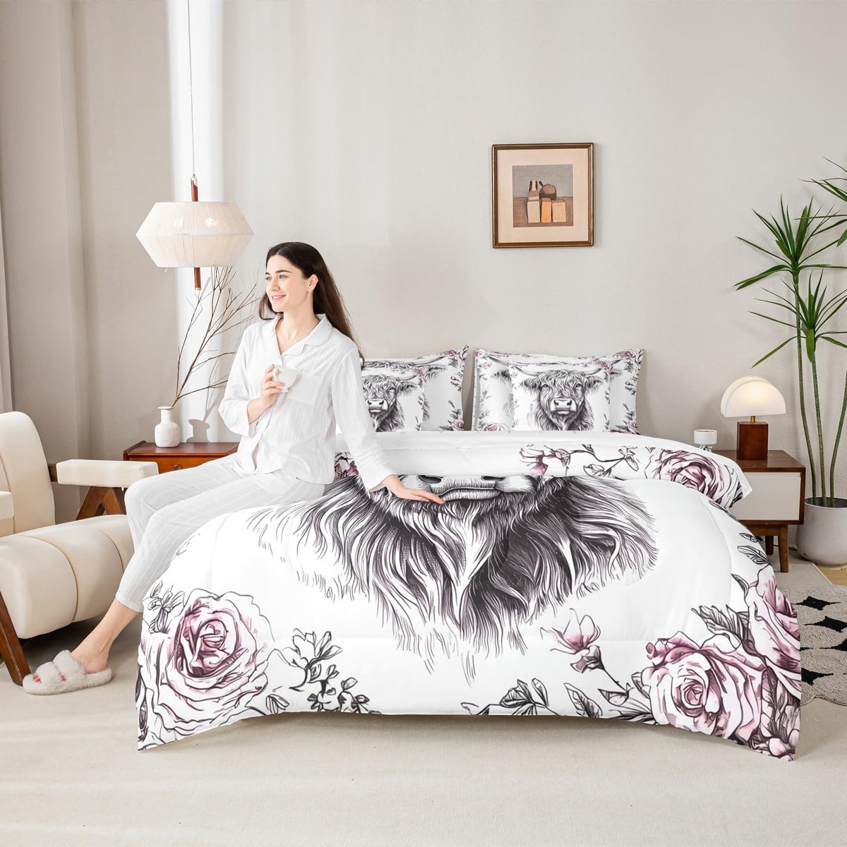 jejeloiu Highland Cow Comforter Set with Sheets 7 Piece Twin Size Highland Cattle Bedding Set for Kids Boys Girls Animal Bed in a Bag Room Decor Soft Lightweight Microfiber