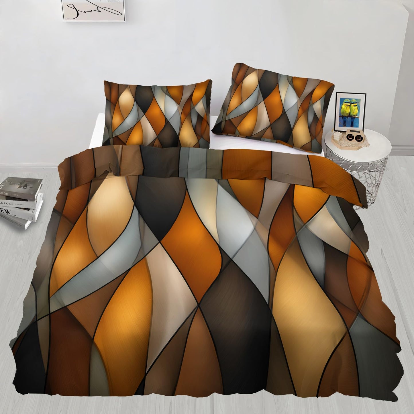 ZAOMIR Orange Black Geometric Stripes Duvet Cover Twin Size, Mid Century Modern Geometrics Lines Bedding Set 3 Piece, Ombre Abstract Striped Patterned Comforter Cover with Zipper, 2 Pillowcases