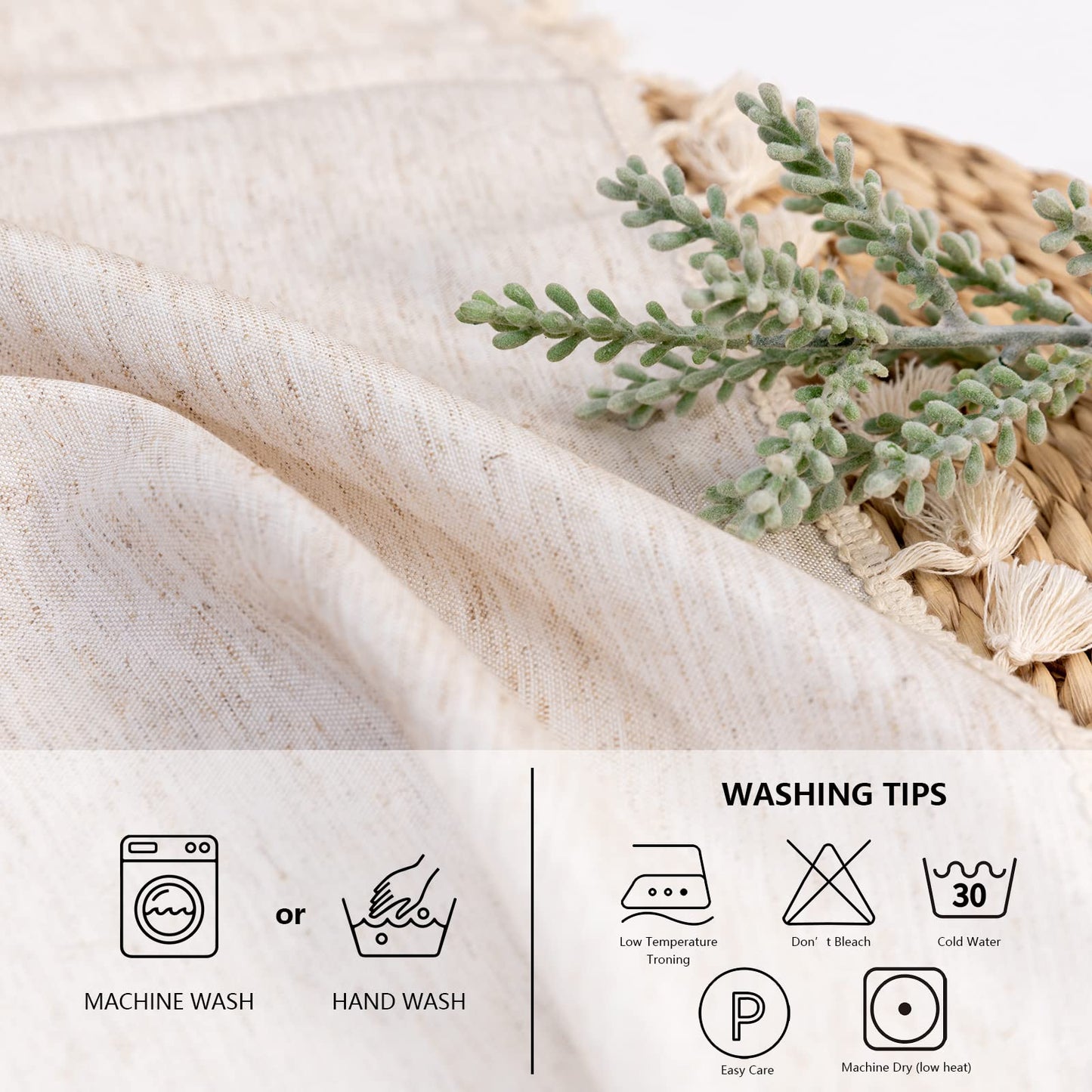 MYSKY HOME Table Cloth 60 in Round Cotton Tablecloth, Heavy Duty Linen Look Waterproof Tablecloths Farmhouse Tablecloth, Soft and Wrinkle Free Table Cover with Beige Tassels for Kitchen Dining, Party