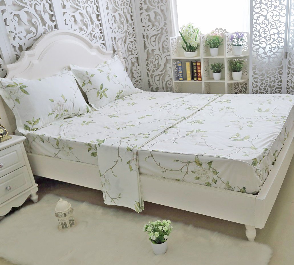 FADFAY Floral 4 Piece Bed Sheet Set 100% Cotton Deep Pocket (Queen, Rainkissed Leaves)