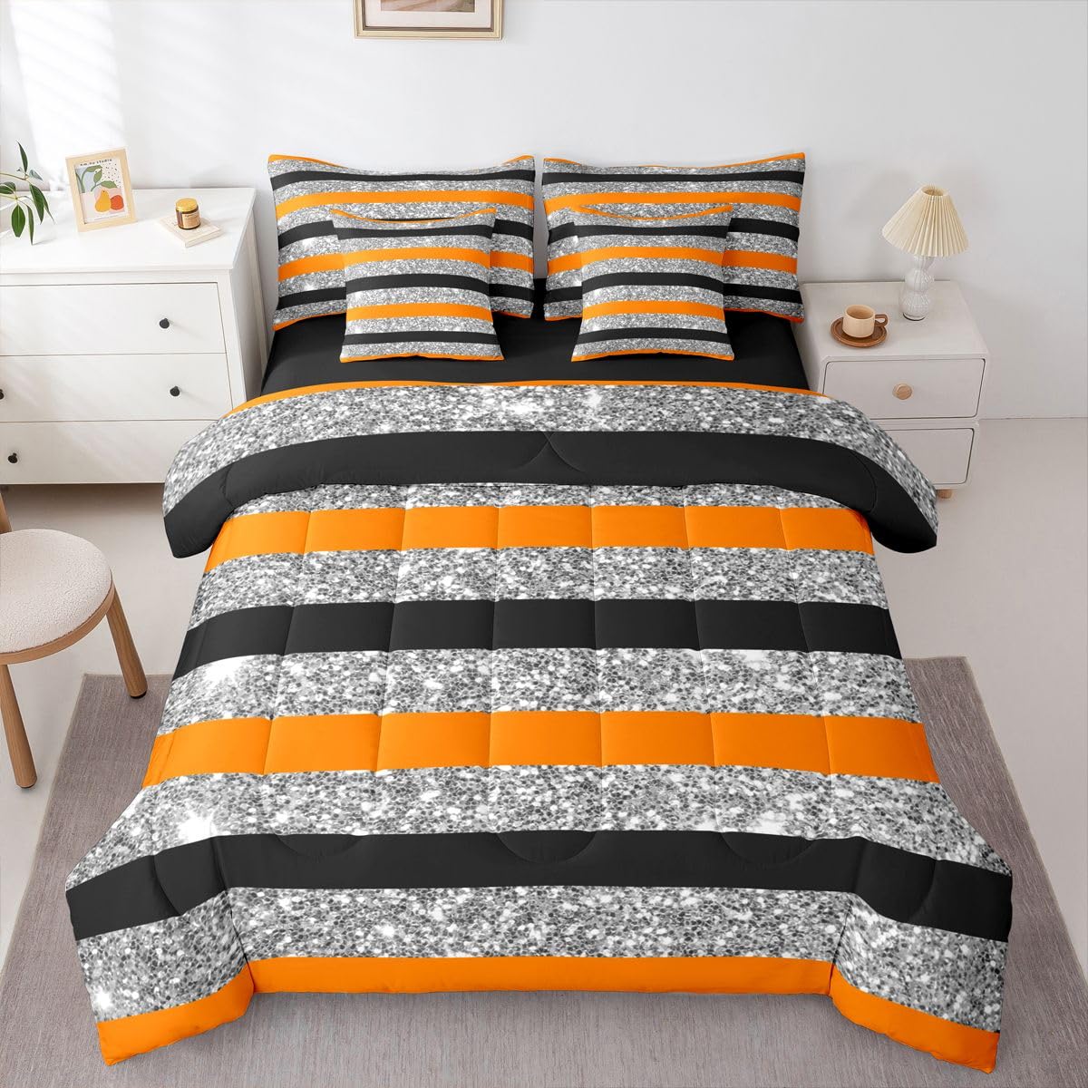 Feelyou Orange Black Comforter Set with Sheets 7 Piece Full Size Stripes Bed in a Bag Kids Boys Girls Glitter Bedding Set Geometric Bedroom Decor Breathable Soft Lightweight Microfiber