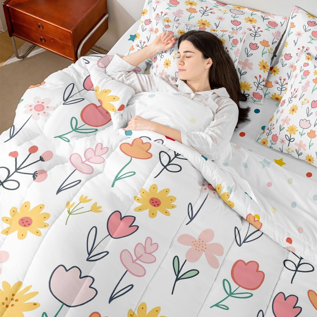 Feelyou Floral Comforter Set with Sheets 7 Piece Queen Size Plant Bedding Set for Kids Boys Girls Farmhouse Garden Bed in a Bag Cute Room Decor Pink Yellow White Soft Lightweight Microfiber