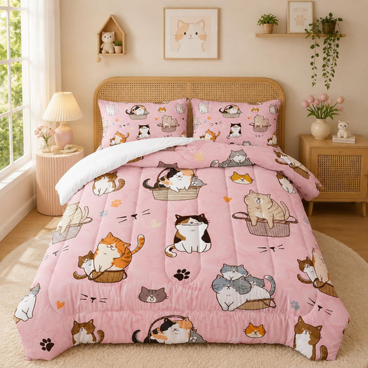 3 Piece Girls Cats Comforter Set Twin Size Cartoon Cat Comforter Set,Pink Cat Bedding Sets for Girls Kids Teens Lovely Kitten Print Cute Animal Pattern Room Decor (1 Comforter, 2 Pillow Cases)