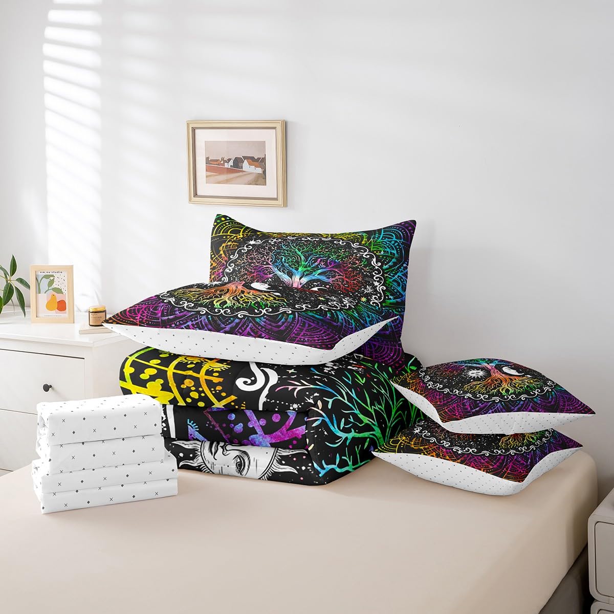 Erosebridal 7 Pcs Tree of Life Comforter Set Twin Size,Sun and Moon Bed in a Bag with Flat Fitted Sheet for Kids and Adults,Boho Mandala Flower Galaxy Bedding Set with Pillowcases and Cushion Cases