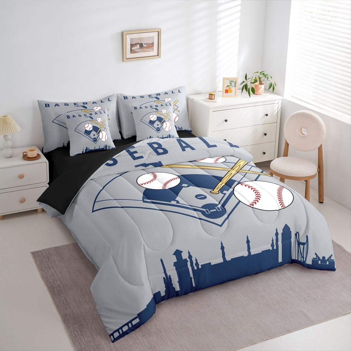 Erosebridal Boys Baseball Full Comforter Set Ball Sports Games 7 Pcs Bedding Set for Kids Teens Baseball Bat Bed in A Bag Softball City Building Sheet Sets for Youth Men Adult Bedroom