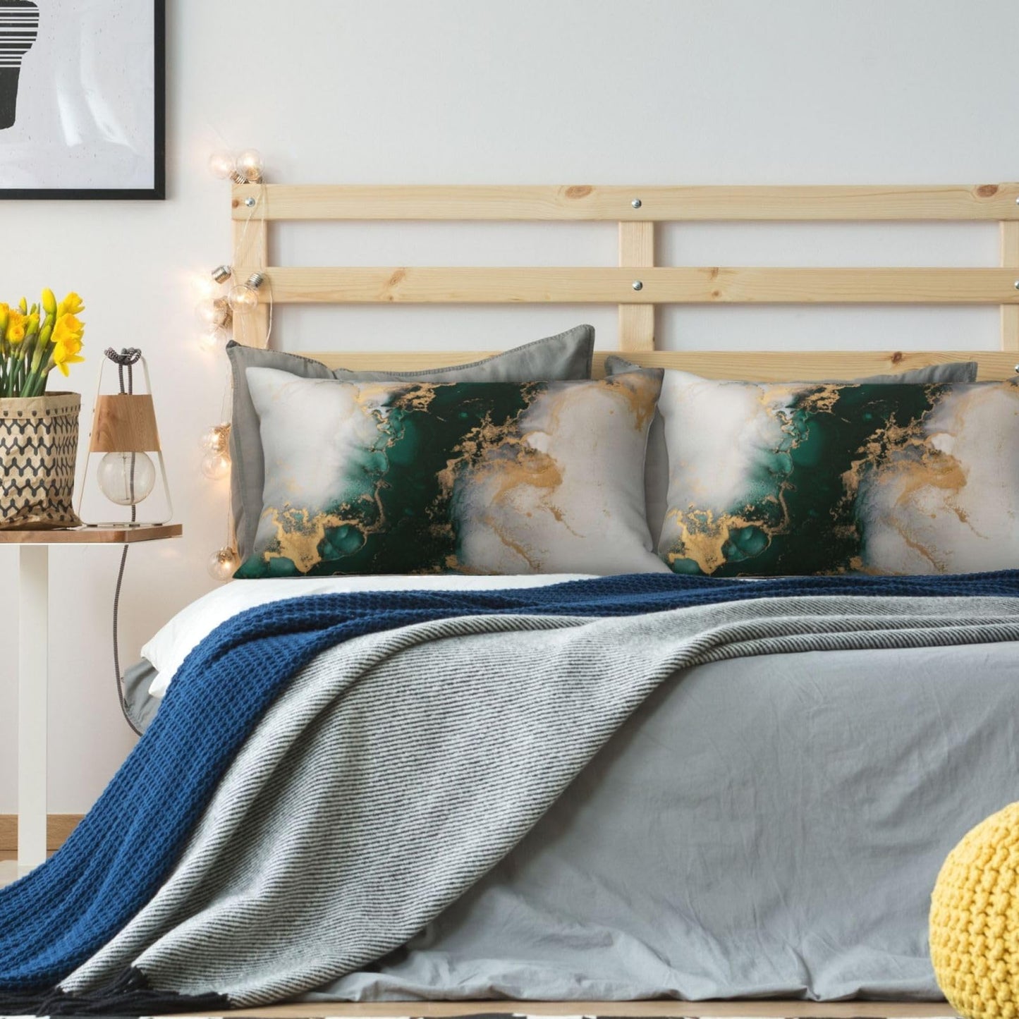 Tebjh Emerald Green and Gold Marble Pillow Covers 12x20 Set of 2, Green and Gold Throw Pillow Covers Outdoor Decorative Lumbar Pillow Case for Couch Bed Sofa Cushion Home Decor
