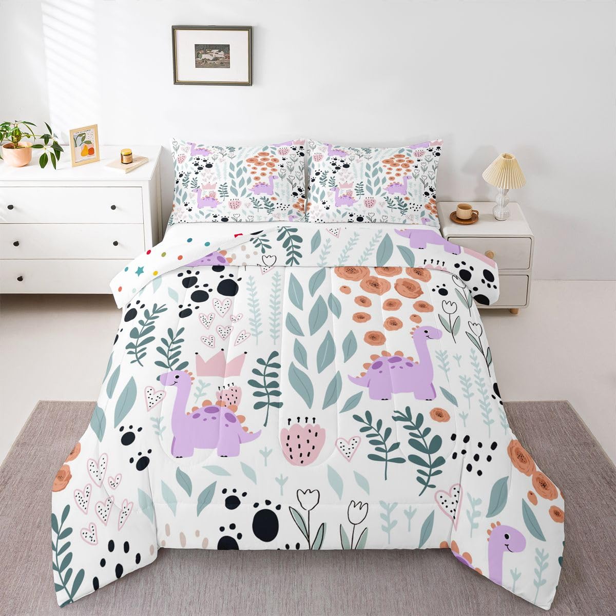 Erosebridal Kawaii Dinosaur Bedding Set Twin,Cartoon Purple Dino Comforter Set for Kids Girls Boys,Cute Love Heart Leaf Flower Comforter Set,Paw Print Wild Animals Quilt Bed Set with 1 Pillow Case