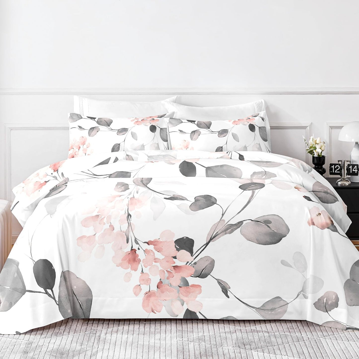 HCORA Floral King Size Sheets Set, Luxury 1800TC Hotel Quality Double Brushed Microfiber Deep Pocket Bed Sheets, Ultra Soft, Breathable and Cooling, 4PC, King