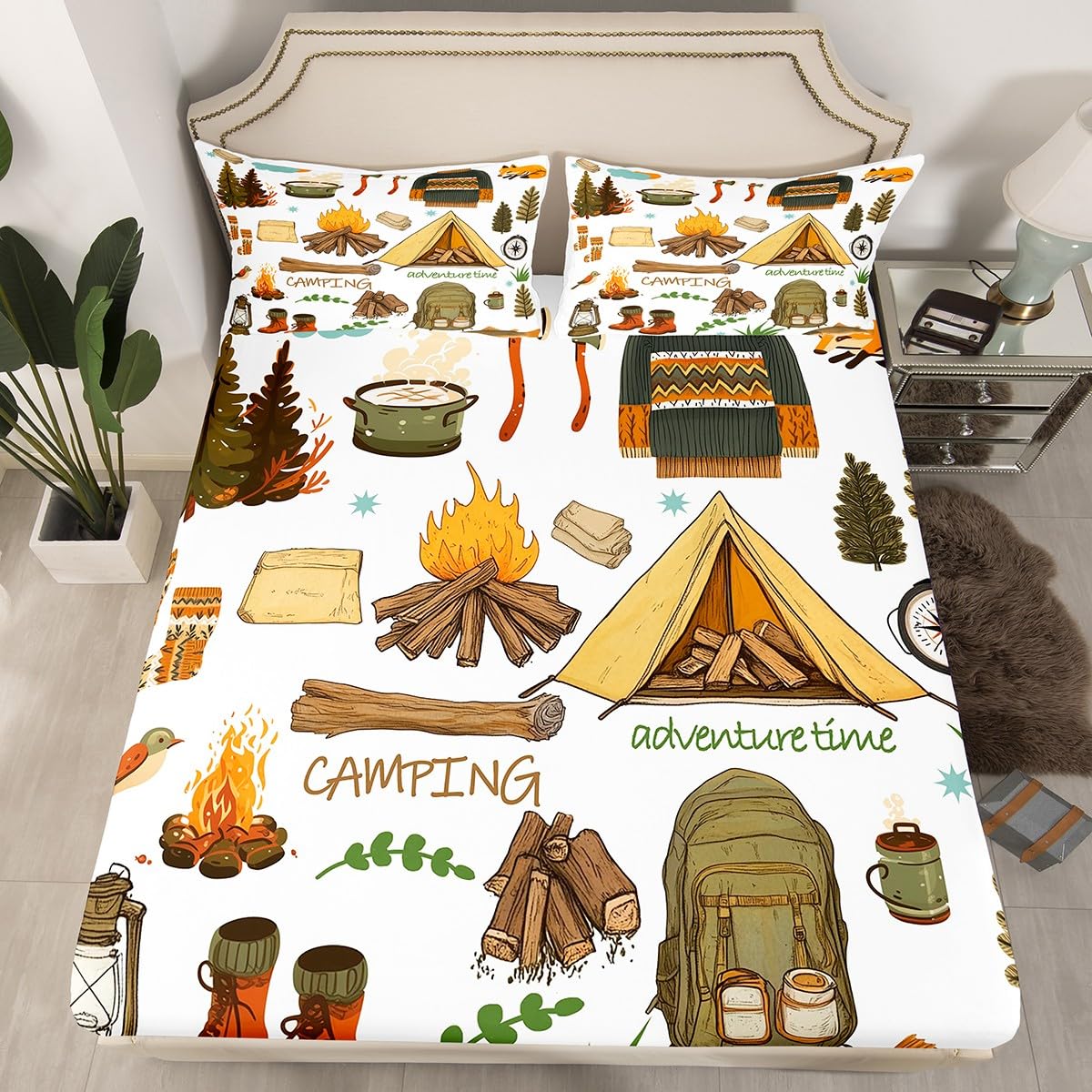 Happy Camping Kids Fitted Sheet Twin Size,Camper Equipment Tent Campfire Boots Bedding Set,Boys Girls Room Decor,Outdoor Adventure Time Bed Cover,Brown White Bed Sheet,1 Pillowcase(No Top Sheet)