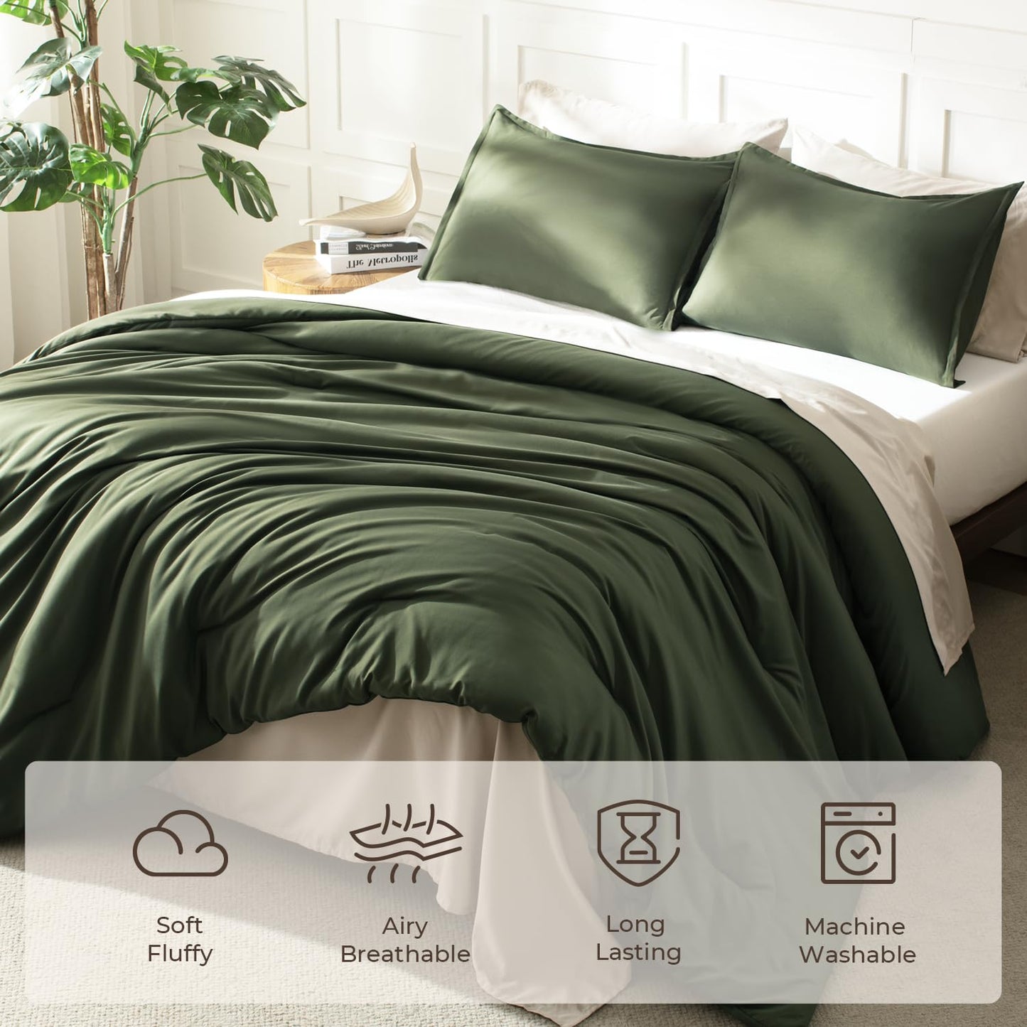 Litanika Dark Olive Green Comforter Set King, 3 Pieces Solid Bedding Comforter Set, All Season Fluffy Bed Set (104x90In Comforter & 2 Pillowcases)