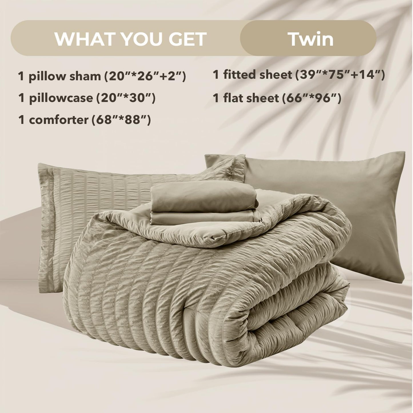 HYMOKEGE Linen Twin Comforter Set Seersucker 5 Pieces, All Season Luxury Bed in a Bag for Bedroom, Bedding Set with Comforter, Sheets, Pillowcase & Sham