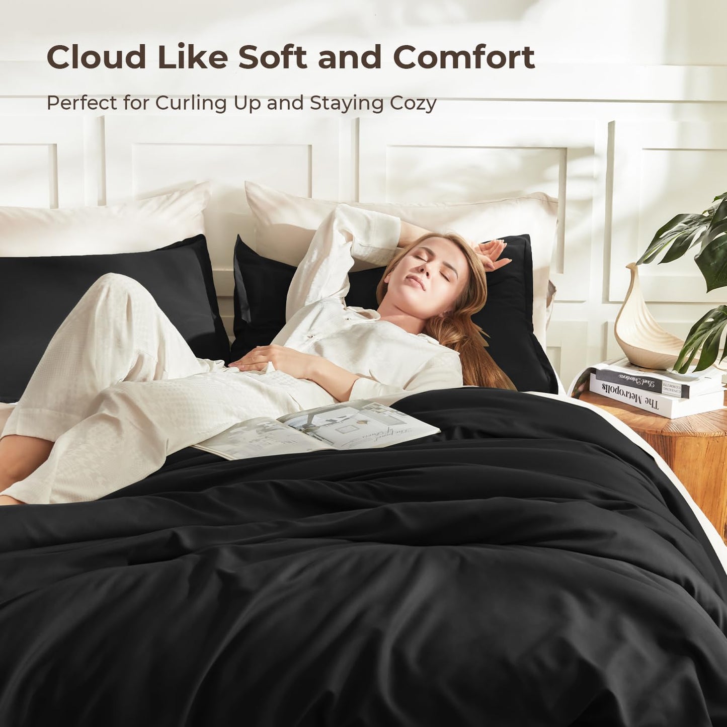 Litanika Black Comforter King Size, 3 Pieces Lightweight Solid Bedding Comforter Set, All Season Fluffy Bed Set (104x90In Comforter & 2 Pillowcases)
