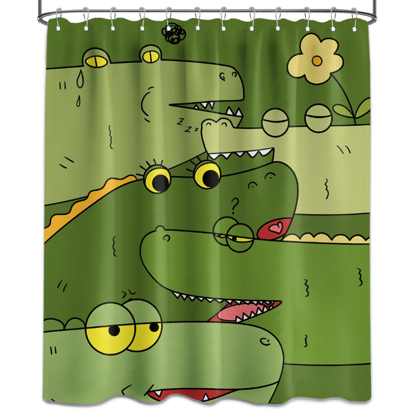 dueeia Alligator Shower Curtain for Kids Funny Cartoon Animal Green Crocodile Shower Curtains for Bathroom Decor Sets, Waterproof Fabric with Hooks, Waterproof Fabric 70 x 72 inch with Hooks